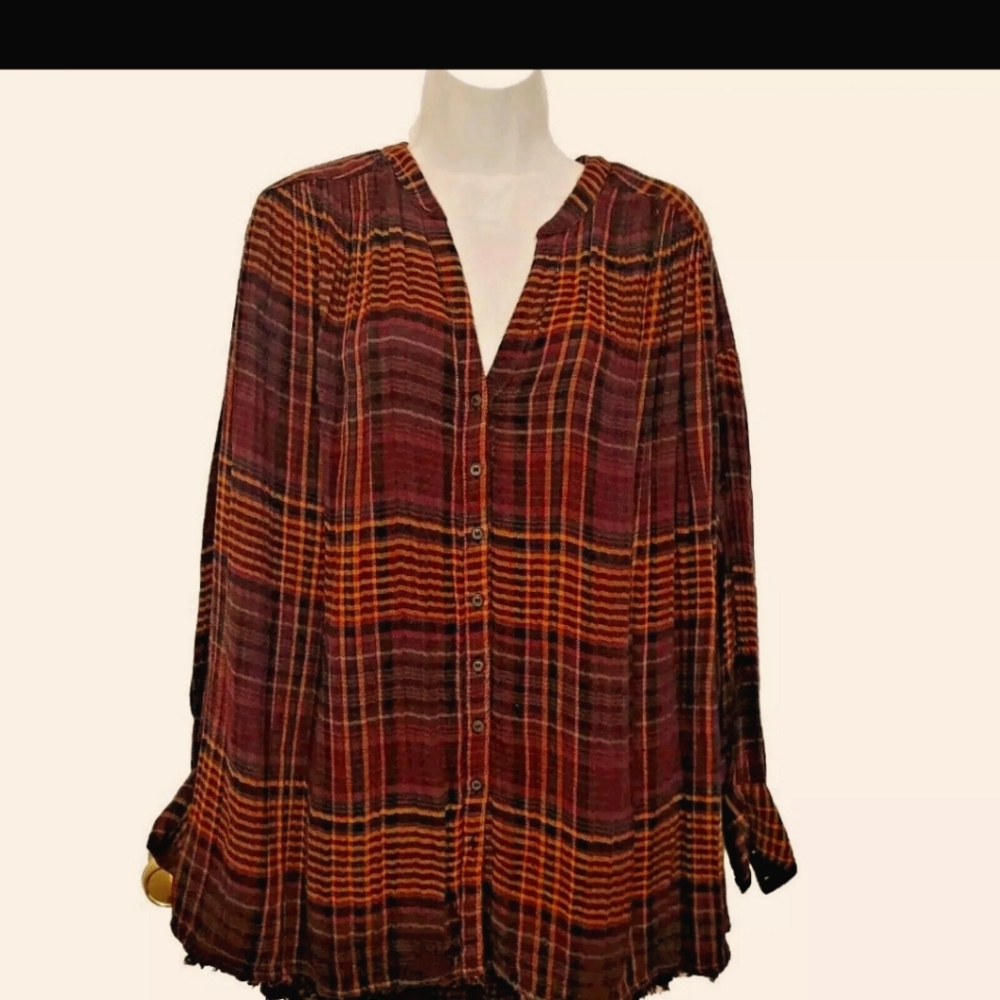 Sz Medium Free People Come On Over V-Neck Wine Plaid Shirt Boho Peasant Fray EC
